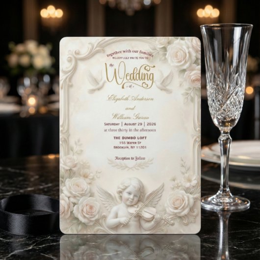 Faux Marble & Gold Relief Angelic Wedding   Einladung