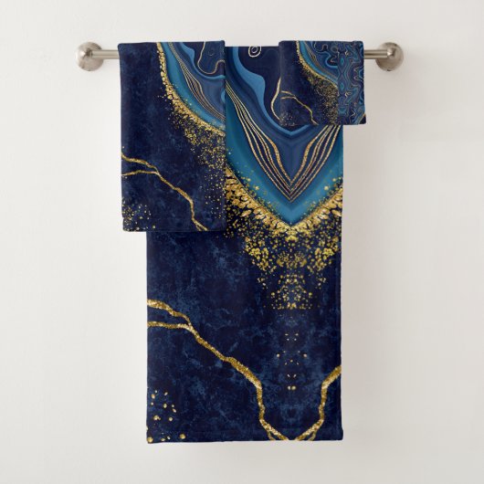 Faux Marble Navy Gold Shades Badhandtuch Set (Insitu)