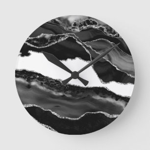Faux Marbled Agate Black White Trendy Modern Stone Runde Wanduhr