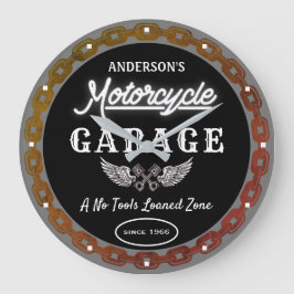 Faux Neon Garage Name Since Date Chain Black   Große Wanduhr