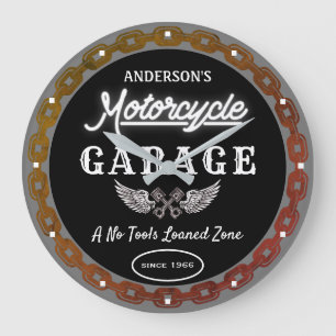Faux Neon Garage Name Since Date Chain Black   Große Wanduhr