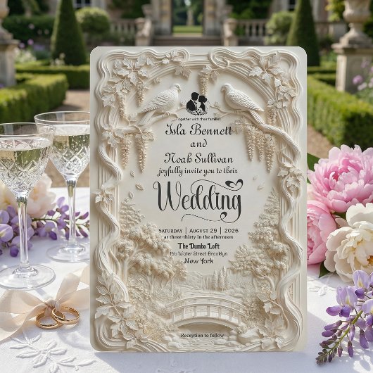 Faux Relief Carved Pastoral Birds Wedding Einladung