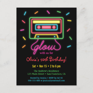Faux Retro Kassette Neon Glow Geburtstagsfeier Einladung
