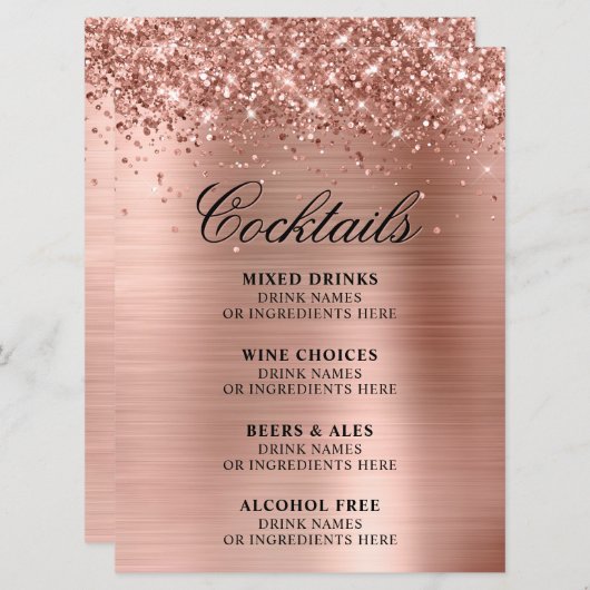 Faux Rose Gold Glitter and Foil Cocktails Bar Menükarte (Vorne/Hinten)