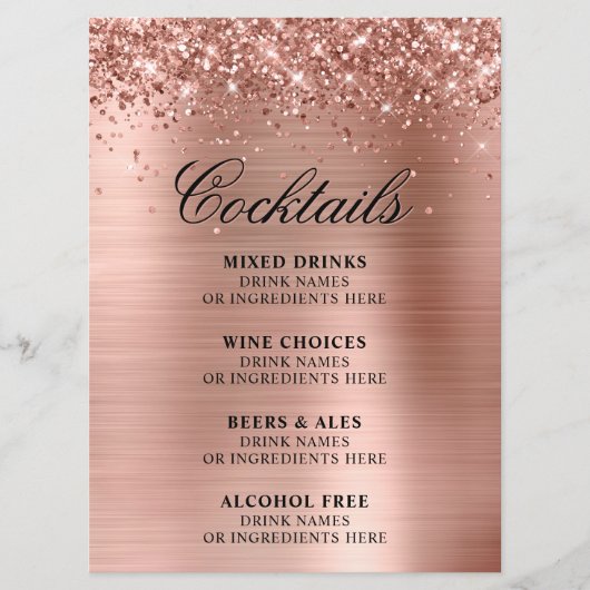 Faux Rose Gold Glitter and Foil Cocktails Bar Menükarte (Vorderseite)