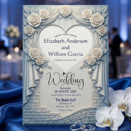 Faux Sculpted Romantic Blue Rose Drapery Heart Einladung