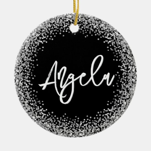 Faux Silver Glitter Black Photo Keramik Ornament (Vorne)
