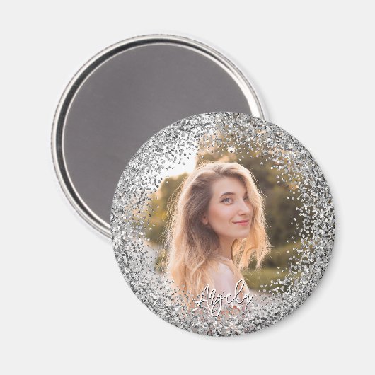 Faux Silver Glitter Photo Magnet (Vorderseite/Rückseite)