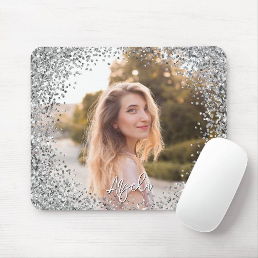 Faux Silver Glitter Round Border Photo Mousepad (Mit Mouse)