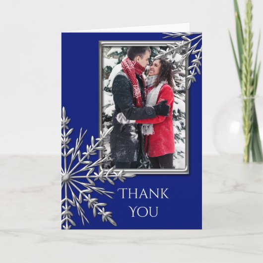 Faux Silver Snowflake on Blue Thank You Note Photo Dankeskarte (Vorderseite)