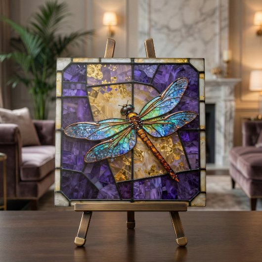 Faux Stained Glass Dragonfly Purple Gold Mosaic Fliese