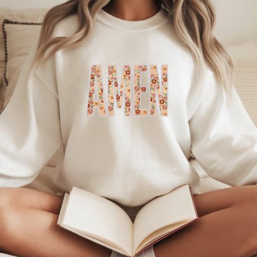 Faux Stitched Floral “Amen” Christian Sweatshirt