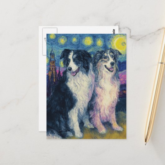 Faux Van Gogh Border Collies Postkarte (Vorderseite/Rückseite Beispiel)