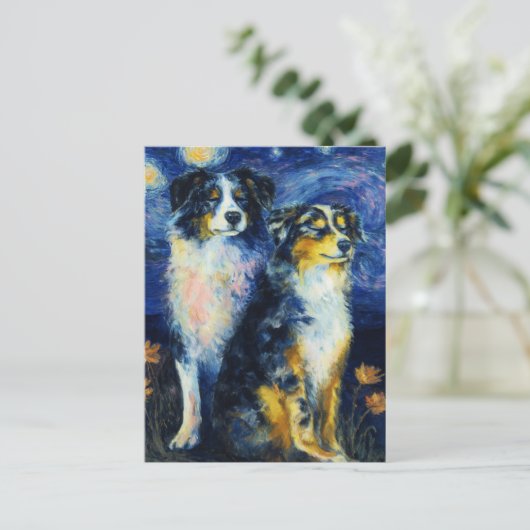 Faux Van Gogh Two Austrailian Shepherds Postkarte (Stehend Vorderseite)