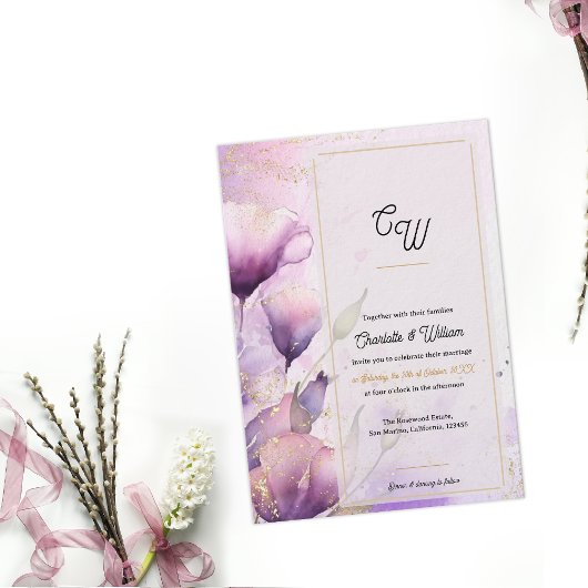 Faux Vellum Luxury Monogram Floral Wedding Einladung