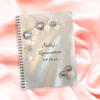 Faux Weiße Perlen-Diamant-Knöpfe Quinceañera  Notizblock
