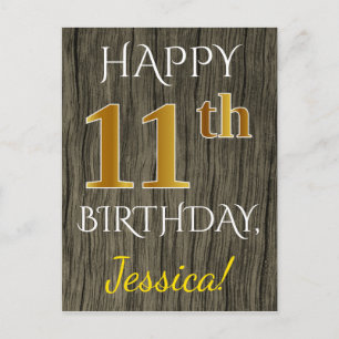 Faux Wood, Faux Gold 11th Birthday + Custom Name Postkarte
