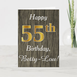 Faux Wood, Faux Gold 55th Birthday + Custom Name Karte