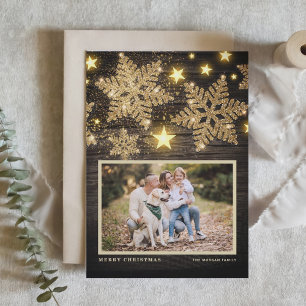 Faux-Wood-Gold-Glitter-Schneeflocken-Foto-Weihnach Feiertagskarte