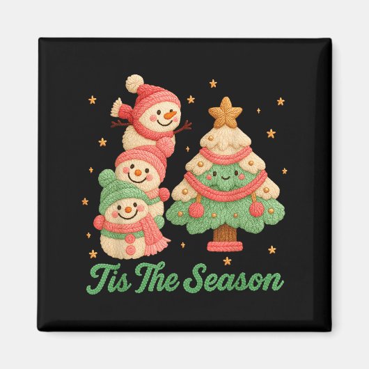 Faux Yarn Crochet Snowman And Christmas Tree Magnet (Vorne)