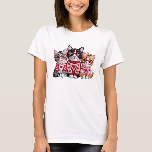Faux Yarn Crochet Valentines Cat T-Shirt (Vorderseite)
