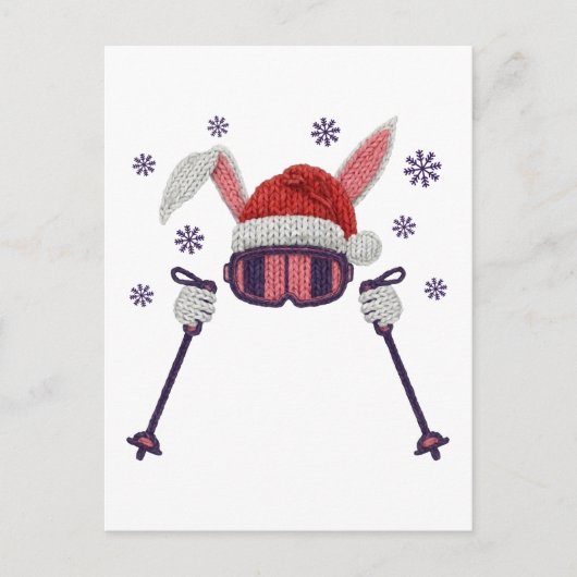 Faux yarn skiing rabbit with Santa hat winter humo Postkarte (Vorderseite)