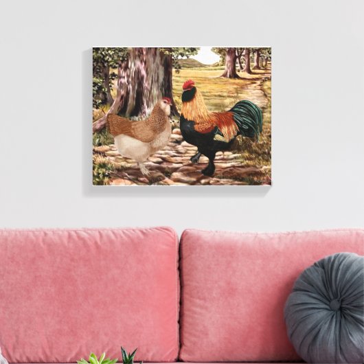 Faverolle Lachs Rooster und Hen in bewaldetem Rahm Leinwanddruck (Insitu (Wohnzimmer))