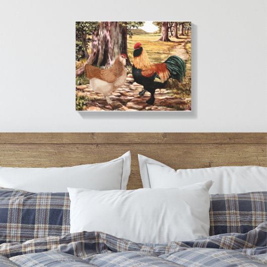 Faverolle Lachs Rooster und Hen in bewaldetem Rahm Leinwanddruck (Insitu (Schlafzimmer))