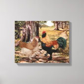 Faverolle Lachs Rooster und Hen in bewaldetem Rahm Leinwanddruck (Vorderseite)