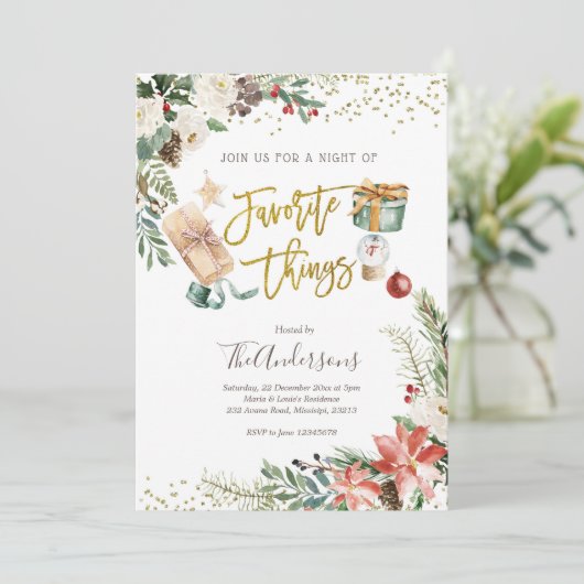 Favorite Things Christmas Exchange Geschenk Party Einladung (Stehend Vorderseite)