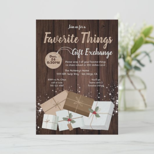 Favoritenklänge Geschenke Exchange braune Papierpa Einladung (Stehend Vorderseite)
