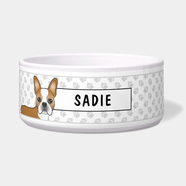 Fawn and White Boston Terrier Cartoon Dog & Name Napf (Vorderseite)