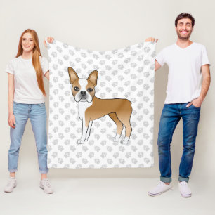 Fawn and White Boston Terrier Cartoon Dog & Paws Fleecedecke