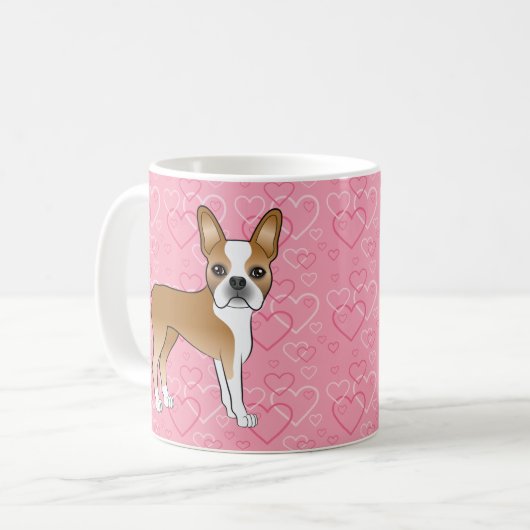 Fawn and White Boston Terrier Dog on Pink Hearts Kaffeetasse (Vorderseite Links)