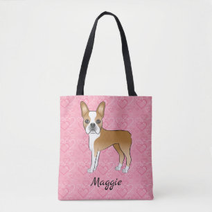 Fawn and White Boston Terrier Dog on Pink Hearts Tasche