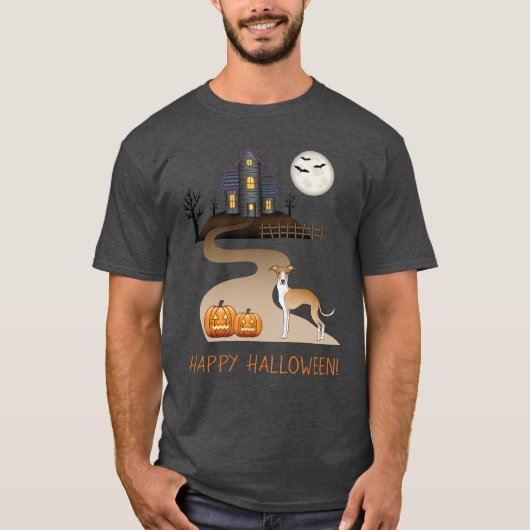 Fawn and White Iggy and Halloween Spuk House T-Shirt (Vorderseite)