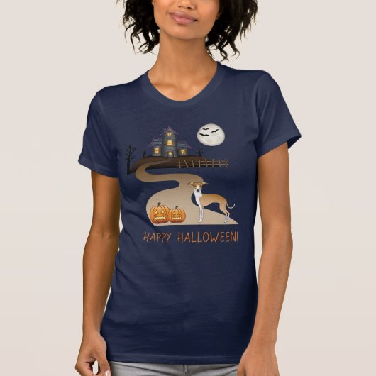 Fawn and White Iggy and Halloween Spuk House T-Shirt (Vorderseite)