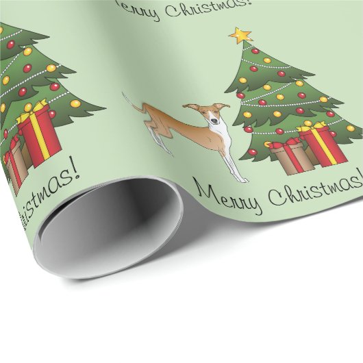 Fawn and White Italian Greyhound & Christmas Tree Geschenkpapier (Rolleneckpunkt)