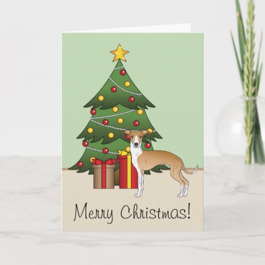 Fawn and White Italian Greyhound & Christmas Tree Karte (Vorderseite)