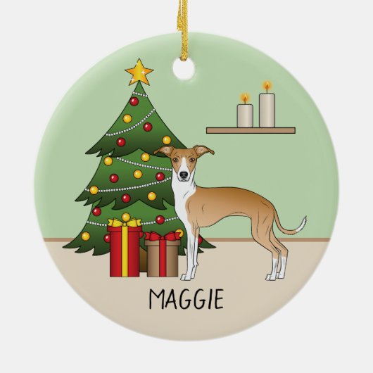 Fawn and White Italian Greyhound & Christmas Tree Keramik Ornament (Hinten)