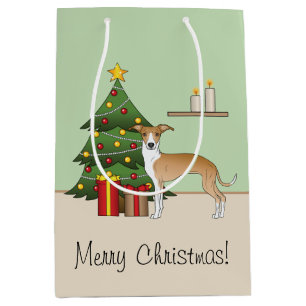Fawn and White Italian Greyhound & Christmas Tree Mittlere Geschenktüte