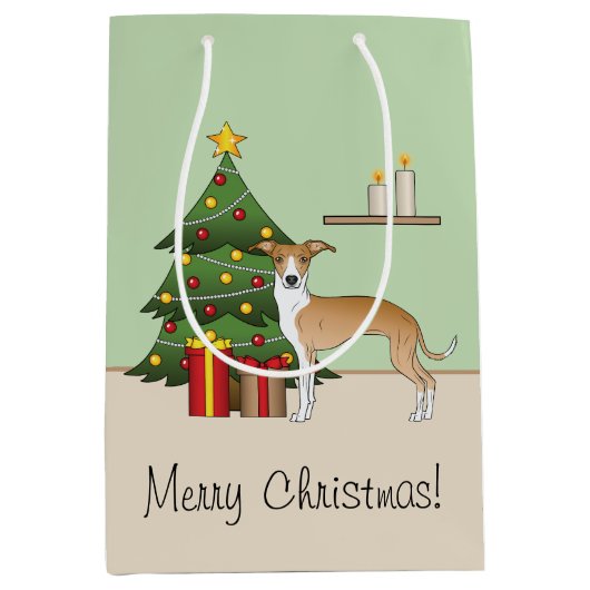 Fawn and White Italian Greyhound & Christmas Tree Mittlere Geschenktüte (Vorderseite)