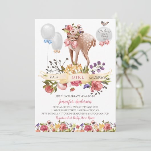 Fawn Blume Balloons Baby Girl Shower Einladung (Stehend Vorderseite)