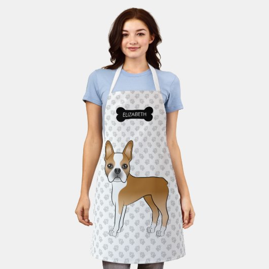 Fawn Boston Terrier Cartoon Dog & Bone, Paws, Name Schürze (Getragen)