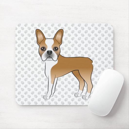 Fawn Boston Terrier Cartoon Dog & Gray Paws Mousepad (Mit Mouse)