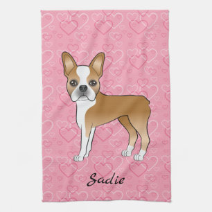 Fawn Boston Terrier Dog auf rosa Herzen und Name Geschirrtuch