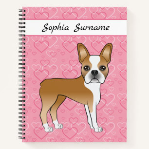 Fawn Boston Terrier Dog auf rosa Herzen und Text Notizblock