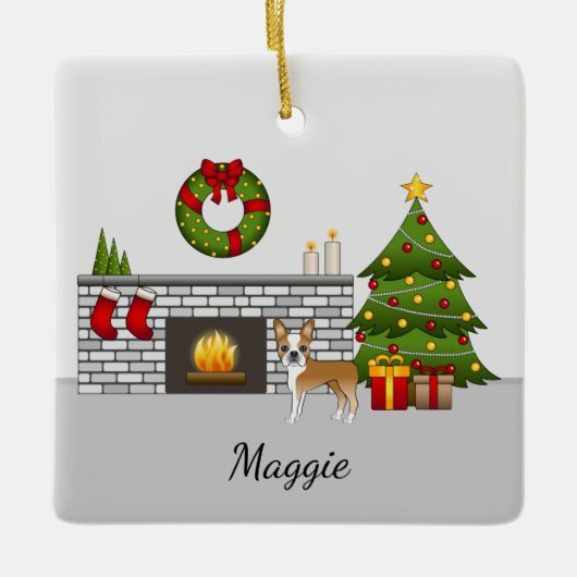 Fawn Boston Terrier in einem festlichen Weihnachts Keramikornament (Vorderseite)