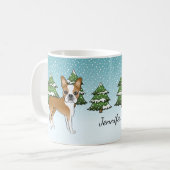 Fawn Boston Terrier in einem Winterwald & Name Kaffeetasse (Vorderseite Links)