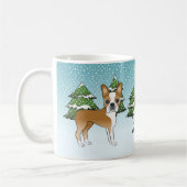 Fawn Boston Terrier in einem Winterwald & Name Kaffeetasse (Links)